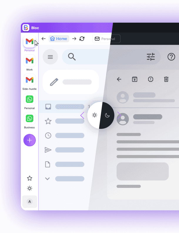 Bloc dashboard with light/dark toggle